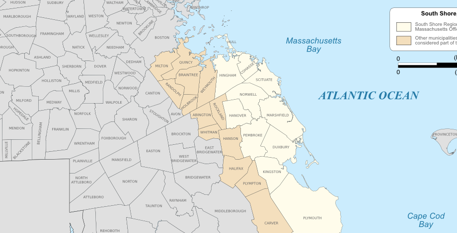 Tower Taxi service area covering the South Shore from Boston to Plymouth and inland to East Bridgewater, centered on Braintree